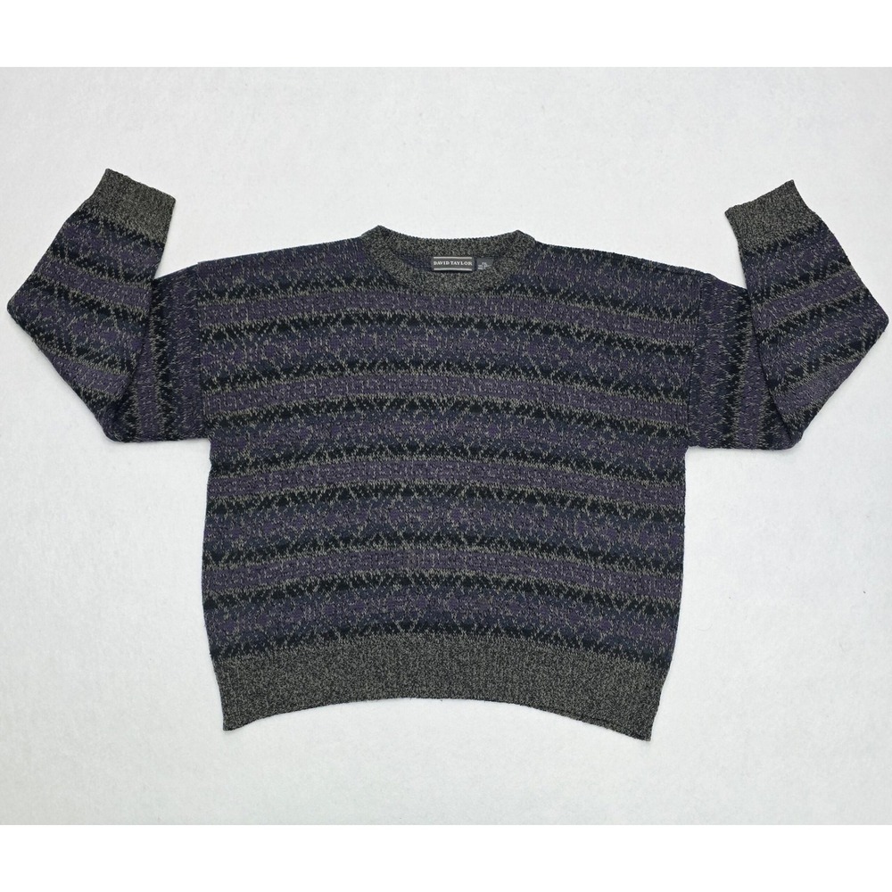 David Taylor VTG Mens 2XL Purple Grey Geometric Knit Crewneck Sweater Pullover
